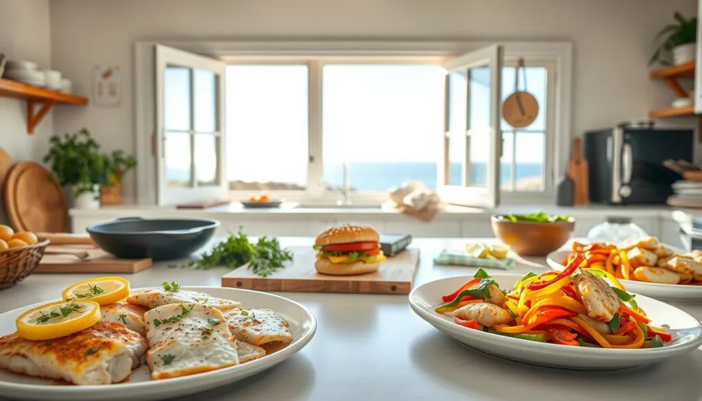 A bright, airy kitchen scene featuring a variety of simple yet appetizing pollock cooking ideas. In the foreground, a neatly arranged spread of pollock dishes, including baked fillets seasoned with lemon and herbs, pan-seared pollock burgers with fresh toppings, and a vibrant pollock stir-fry with colorful vegetables. The middle ground showcases kitchen tools and ingredients, such as a cast-iron skillet, a cutting board with fresh herbs, and a bowl of fresh pollock fillets. The background depicts an open, sun-drenched window overlooking a scenic coastal landscape, creating a serene and inviting atmosphere. The lighting is soft and natural, highlighting the textures and colors of the pollock dishes. The overall composition conveys a sense of simplicity, freshness, and culinary inspiration. A bright, airy kitchen scene featuring a variety of simple yet appetizing pollock cooking ideas. In the foreground, a neatly arranged spread of pollock dishes, including baked fillets seasoned with lemon and herbs, pan-seared pollock burgers with fresh toppings, and a vibrant pollock stir-fry with colorful vegetables. The middle ground showcases kitchen tools and ingredients, such as a cast-iron skillet, a cutting board with fresh herbs, and a bowl of fresh pollock fillets. The background depicts an open, sun-drenched window overlooking a scenic coastal landscape, creating a serene and inviting atmosphere. The lighting is soft and natural, highlighting the textures and colors of the pollock dishes. The overall composition conveys a sense of simplicity, freshness, and culinary inspiration.