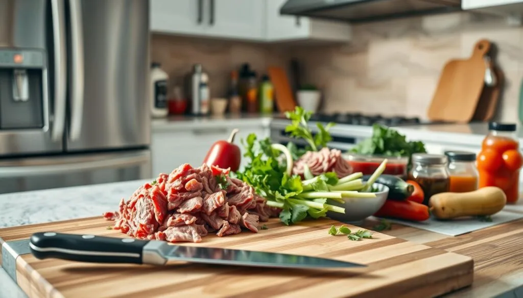 A cozy kitchen counter with sleek stainless steel appliances. On the surface, an array of fresh ingredients - tender shaved beef, crisp vegetables, fragrant herbs, and a selection of condiments. In the foreground, a cutting board with a sharp knife, ready to swiftly assemble the meal. Soft, natural lighting illuminates the scene, creating a warm and inviting atmosphere. The overall composition conveys the ease and efficiency of preparing a delicious, wholesome dish in just a few minutes, perfect for busy days. A cozy kitchen counter with sleek stainless steel appliances. On the surface, an array of fresh ingredients - tender shaved beef, crisp vegetables, fragrant herbs, and a selection of condiments. In the foreground, a cutting board with a sharp knife, ready to swiftly assemble the meal. Soft, natural lighting illuminates the scene, creating a warm and inviting atmosphere. The overall composition conveys the ease and efficiency of preparing a delicious, wholesome dish in just a few minutes, perfect for busy days.