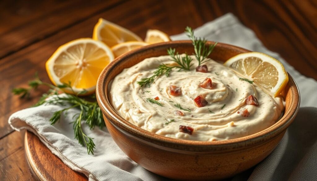 A delectable homemade smoked fish dip, presented in a rustic ceramic bowl. The dip's creamy texture is accented by flecks of smoky fish, complemented by sprigs of fresh dill and a scattering of lemon wedges. Illuminated by warm, natural lighting, the dip is set against a backdrop of a wooden table, with a simple linen cloth adding a touch of elegance. The overall mood is one of comforting simplicity, inviting the viewer to imagine the flavors and textures of this irresistible appetizer. A delectable homemade smoked fish dip, presented in a rustic ceramic bowl. The dip's creamy texture is accented by flecks of smoky fish, complemented by sprigs of fresh dill and a scattering of lemon wedges. Illuminated by warm, natural lighting, the dip is set against a backdrop of a wooden table, with a simple linen cloth adding a touch of elegance. The overall mood is one of comforting simplicity, inviting the viewer to imagine the flavors and textures of this irresistible appetizer.