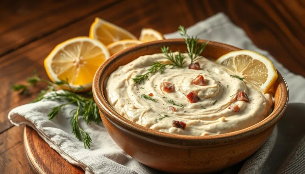 A delectable homemade smoked fish dip, presented in a rustic ceramic bowl. The dip's creamy texture is accented by flecks of smoky fish, complemented by sprigs of fresh dill and a scattering of lemon wedges. Illuminated by warm, natural lighting, the dip is set against a backdrop of a wooden table, with a simple linen cloth adding a touch of elegance. The overall mood is one of comforting simplicity, inviting the viewer to imagine the flavors and textures of this irresistible appetizer. A delectable homemade smoked fish dip, presented in a rustic ceramic bowl. The dip's creamy texture is accented by flecks of smoky fish, complemented by sprigs of fresh dill and a scattering of lemon wedges. Illuminated by warm, natural lighting, the dip is set against a backdrop of a wooden table, with a simple linen cloth adding a touch of elegance. The overall mood is one of comforting simplicity, inviting the viewer to imagine the flavors and textures of this irresistible appetizer.