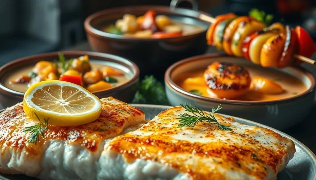 A mouthwatering array of delicious pollock dishes. In the foreground, a pan-seared pollock fillet glistens with a golden-brown crust, garnished with fresh lemon wedges and sprigs of fragrant dill. In the middle ground, a hearty pollock chowder simmers in a ceramic bowl, its creamy broth flecked with tender chunks of pollock, potatoes, and aromatic vegetables. In the background, a grilled pollock kebab skewer roasts over an open flame, the fish and colorful vegetables caramelized to perfection. Warm, soft lighting casts a inviting glow, capturing the comforting and wholesome essence of these expertly prepared pollock dishes. A mouthwatering array of delicious pollock dishes. In the foreground, a pan-seared pollock fillet glistens with a golden-brown crust, garnished with fresh lemon wedges and sprigs of fragrant dill. In the middle ground, a hearty pollock chowder simmers in a ceramic bowl, its creamy broth flecked with tender chunks of pollock, potatoes, and aromatic vegetables. In the background, a grilled pollock kebab skewer roasts over an open flame, the fish and colorful vegetables caramelized to perfection. Warm, soft lighting casts a inviting glow, capturing the comforting and wholesome essence of these expertly prepared pollock dishes.