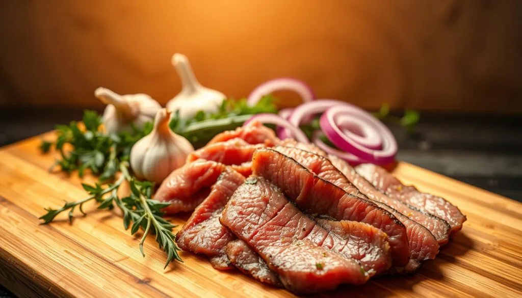 Shaved beef set on a wooden cutting board, with an elegant arrangement of garnishes and accompaniments. In the foreground, delicate slices of tender beef, glistening under warm, soft lighting. In the middle ground, an assortment of fresh herbs, roasted garlic cloves, and sliced red onions, adding vibrant color and aroma. The background features a subtle, textured surface, hinting at the rustic yet refined setting. The lighting casts a cozy, inviting glow, creating an atmosphere of mouthwatering anticipation. The composition is balanced and visually appealing, showcasing the shaved beef as the star of the scene. Shaved beef set on a wooden cutting board, with an elegant arrangement of garnishes and accompaniments. In the foreground, delicate slices of tender beef, glistening under warm, soft lighting. In the middle ground, an assortment of fresh herbs, roasted garlic cloves, and sliced red onions, adding vibrant color and aroma. The background features a subtle, textured surface, hinting at the rustic yet refined setting. The lighting casts a cozy, inviting glow, creating an atmosphere of mouthwatering anticipation. The composition is balanced and visually appealing, showcasing the shaved beef as the star of the scene.